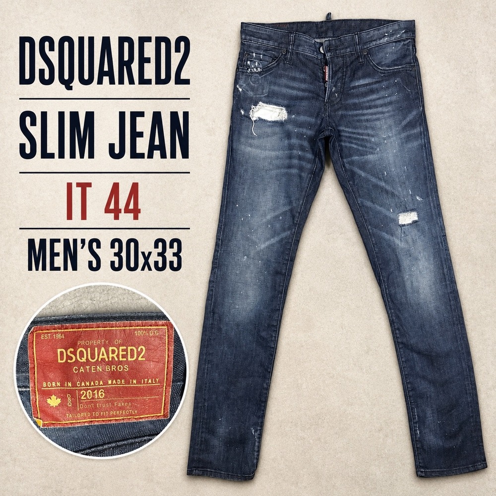 Dsquared2 Slim Jean Mens 30x33 IT 44 Dark Wash Distressed Paint Splatter Italy